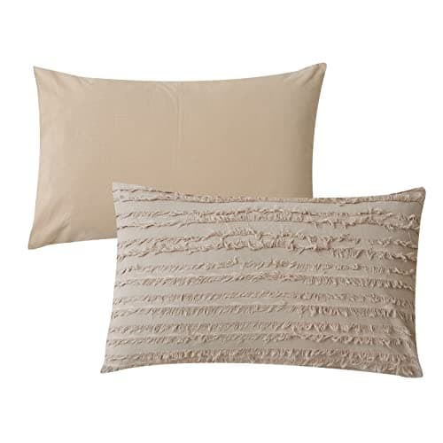 Cotton Tufted Pillowcases Set of 2 Linen Striped Jacquard Beige Standard Cover Pack