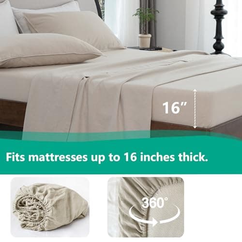 Breathable Cotton Linen King Bed Sheets, 4 Piece Set