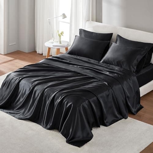 Madison Park Essentials Full Black Satin Sheet Set - Luxury, Elastic Fit up to 16" Mattresses