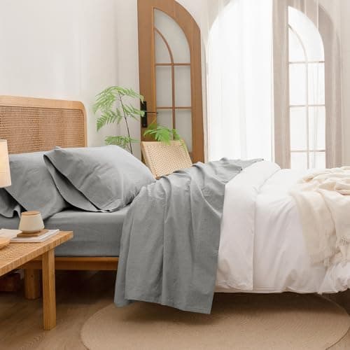 BESTOUCH Solid Linen Grey Queen Sheet Set 100% Washed Cotton