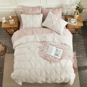 Andency White Queen Size Comforter Set, 3-Piece Cute Pinch Pleat bedding