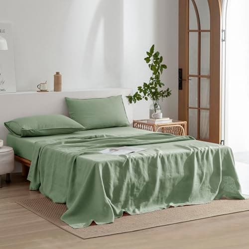 100% French Stonewash Pure Linen Sheets Set, 4Pieces, Suitable for Hot Sleepers, Saga Green, King Size
