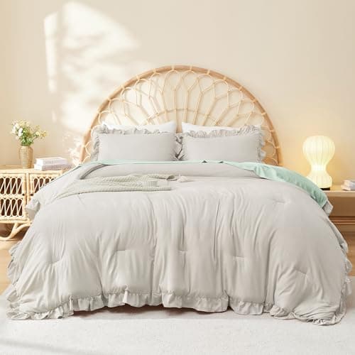 Litanika Queen Beige Ruffle Comforter Set, 3 Pieces, Fluffy Bedding
