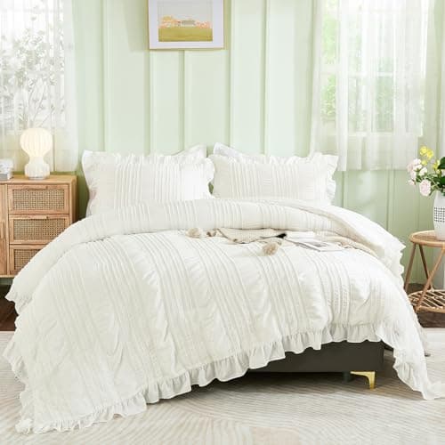 WONGS BEDDING Queen Shabby Chic Comforter Set 3 Pieces Ruffle SeersuckerTextures