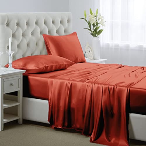 Soft Pink Silk Satin Sheets, Hypoallergenic Full Size Bedding Set, 4 Piece, Deep Pocket