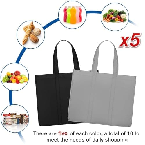 WISELIFE Eco-Friendly Large Foldable Grocery Bags 10 Pack Grey & Black
