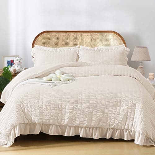 JOLLYVOGUE Beige Queen Seersucker Comforter Set with Ruffles