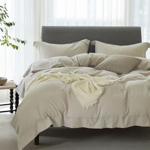 100% Washed Cotton Linen Like King Duvet Cover Set - Ultra Soft & Breathable, 3 Pieces (Off White)