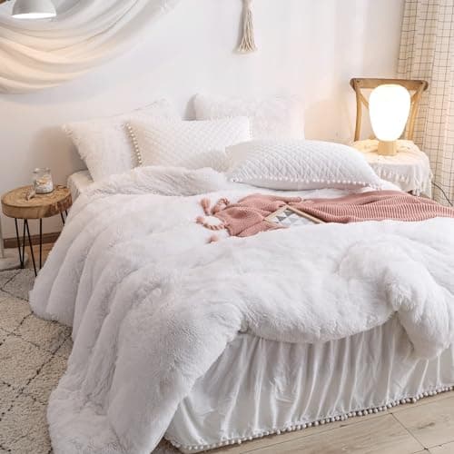 Fluffy White Duvet Cover Set for Twin Bed, 2 Pieces (1 Faux Fur Duvet Cover + 1 Plush Pillow Cases)