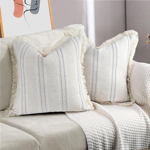 Set of 2 Farmhouse Linen Throw Pillow Covers with Fringe, Boho Textured, Beige with White & Brown Stitch Yarn Dyed Stripe - Cover ONLY