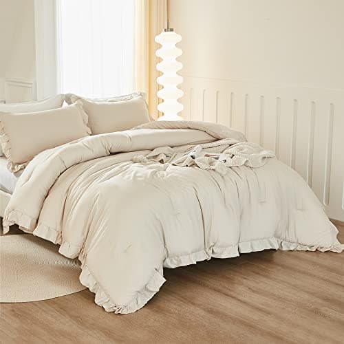 Litanika Queen Beige Ruffle Comforter Set, 3 Pieces, Fluffy Bedding