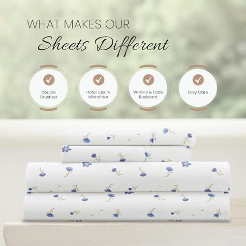 Oeko-TEX Certified Ultra Soft Linen Market Queen Sheet Set - Floral Light Blue