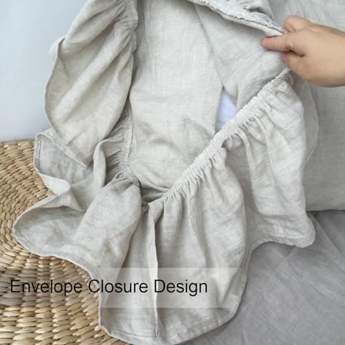 100% French Linen Queen Size Ruffled Pillowcase, Flax Flavoured (1 Pack)