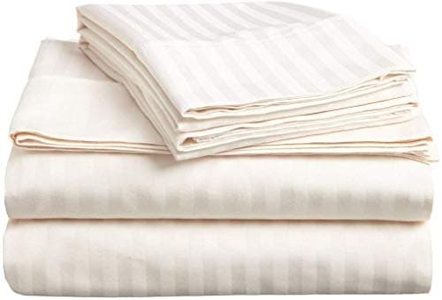 100% Pure Egyptian Cotton 4-Piece Queen Bed Sheets, Sateen Weave, Stripe, Ivory