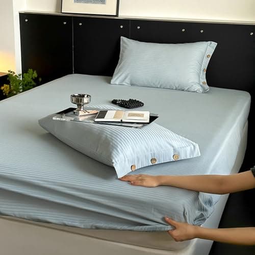 Light Green Thin Stripe 59"x79" Long Staple Cotton Queen 3 Piece Sheet Set