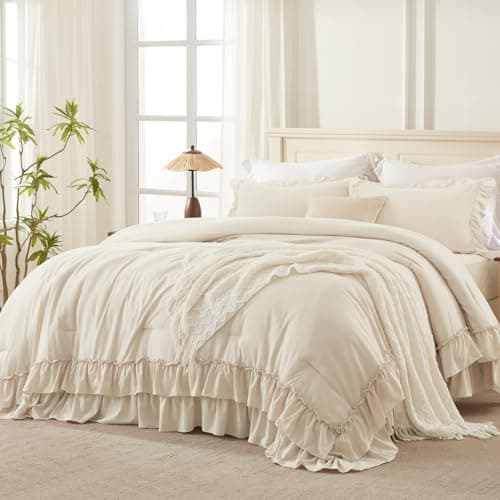 White Shabby Chic Queen Comforter Set with Microfiber Ruffles & Pillowcases