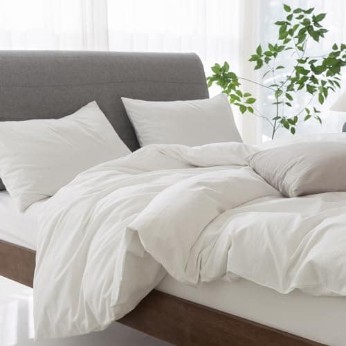100% Washed Cotton Linen Like King Duvet Cover Set - Ultra Soft & Breathable, 3 Pieces (Off White)