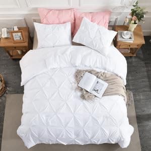 Andency White Queen Size Comforter Set, 3-Piece Cute Pinch Pleat bedding