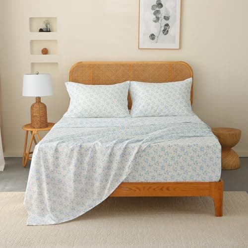HYPREST Blue Floral King Bed Sheet Sets, Soft Breathable 4pcs Deep Pocket