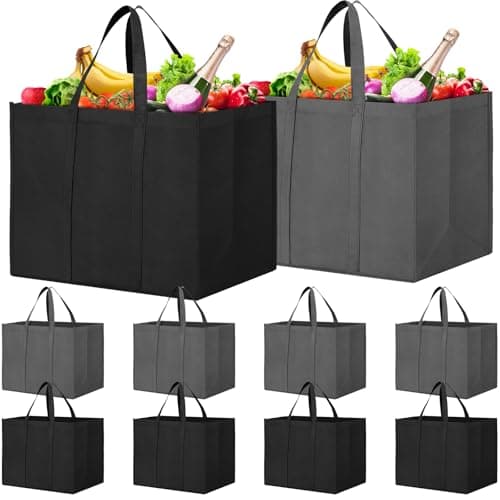 WISELIFE Eco-Friendly Large Foldable Grocery Bags 10 Pack Grey & Black