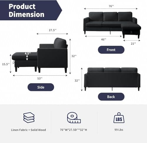 ijuicy Dark Grey L Shaped Sectional Sofa with Storage Ottoman