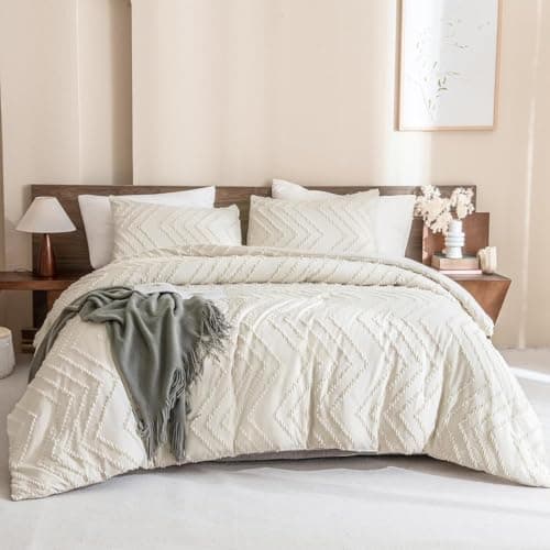 Andency Queen Beige Comforter Set Boho Cream Tufted Bedding 3 Pieces