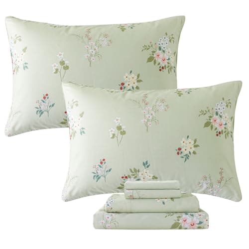 Queen Percale Cotton Sheets Set, Luxury Vintage Roses Floral, Deep Pocket Fitted, Super Soft & Breathable, 4pcs