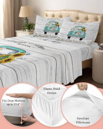 King Size Vintage Flower Daisies Bed Sheets Set, Deep Pockets, Soft & Breathable