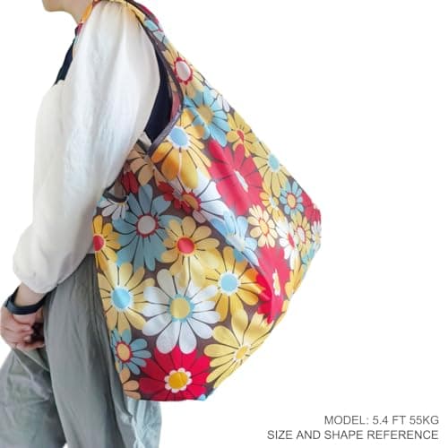 Foldable Reusable Grocery Bags with Long Handles and Fold-Up Pouch