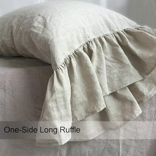 100% French Linen Queen Size Ruffled Pillowcase, Flax Flavoured (1 Pack)
