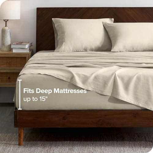 Bare Home Queen Sheet Set - 100% Linen Deep Pocket Sheets (Natural)