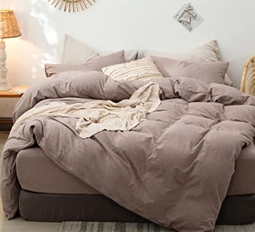 MooMee Bedding Duvet Cover Set in Brown, Queen Size 100% Washed Cotton Linen Like Textured Breathable and Durable Soft Comfy