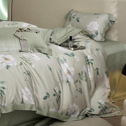 VM VOGUEMARKET Gold Green Flower Percale cotton Duvet Cover with Zipper Closure