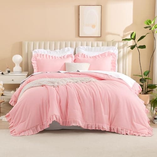 Litanika Queen Beige Ruffle Comforter Set, 3 Pieces, Fluffy Bedding