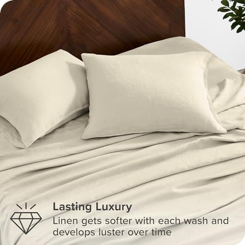Bare Home Queen Sheet Set - 100% Linen Deep Pocket Sheets (Natural)