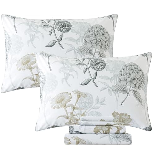 Queen Percale Cotton Sheets Set, Luxury Vintage Roses Floral, Deep Pocket Fitted, Super Soft & Breathable, 4pcs
