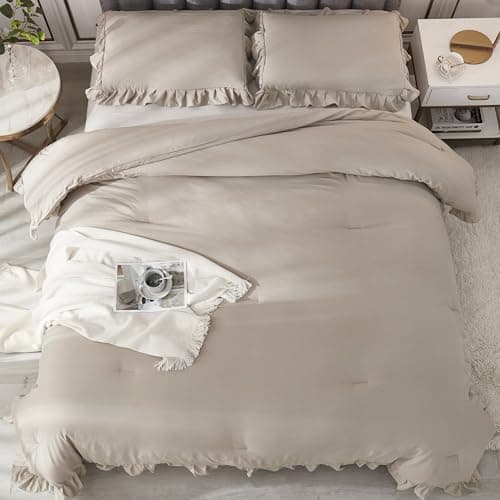 Andency Khaki Queen Comforter Set, 3 Pieces Shabby Chic Bedding