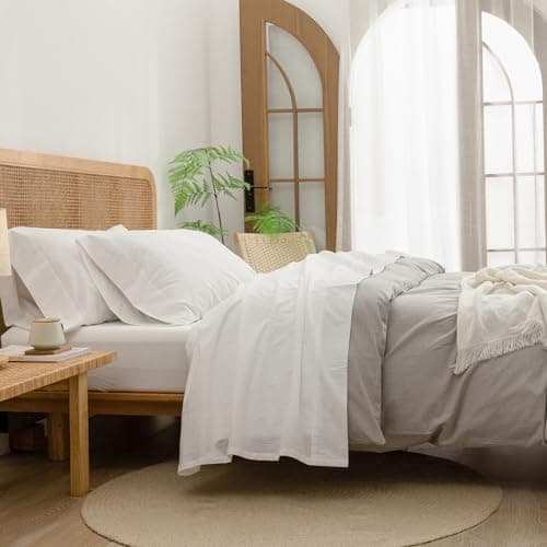 BESTOUCH Washed Cotton Linen Feel Queen Sheet Set 4 Pcs Solid Off White