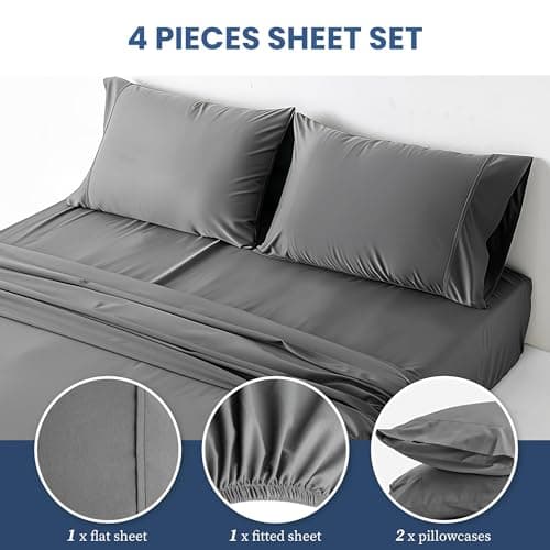 Hotel Luxury Grey Deep Pocket Microfiber Sheet Set, Shrinkage and Fade Resistant, Lightweight & Breathable
