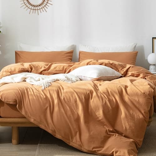 MooMee Bedding Duvet Cover Set in Brown, Queen Size 100% Washed Cotton Linen Like Textured Breathable and Durable Soft Comfy