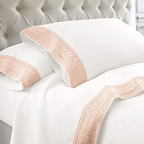 Modern Threads Soft Microfiber Crochet Lace Sheets - White/Blush Queen