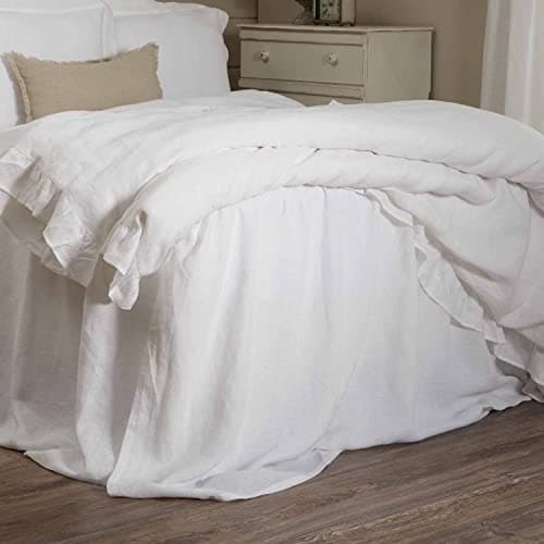 Provincial Linen White Ruffled King Bedspread with Ruffled Skirt, 100% Linen