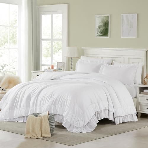 Cupocupa Beige Queen Comforter Set, 3PCs Ruffle Fluffy Bedding