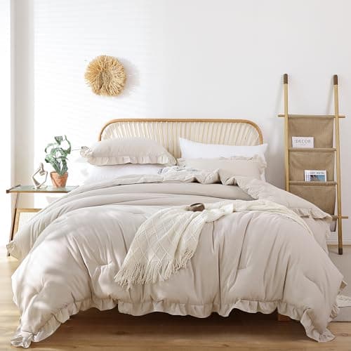 JANZAA Queen Oatmeal Comforter Set & Pillowcases - Soft Fluffy, All Season