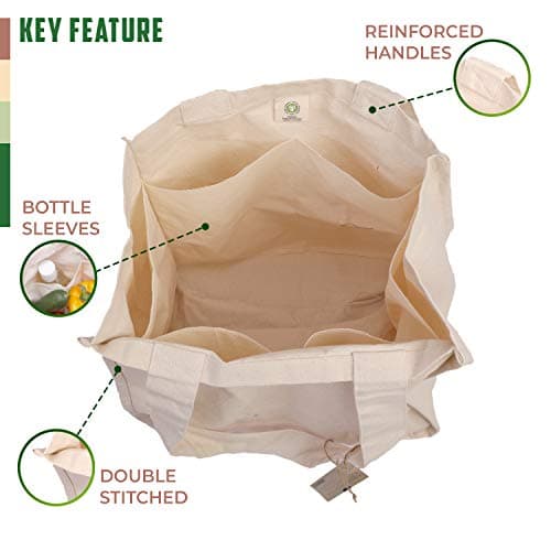 Reusable Organic Cotton Tote Bag with Bottle Sleeve| Grocery Shopping Shoulder Bag| Foldable & Washable