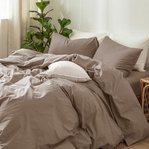 MooMee Bedding Duvet Cover Set in Brown, Queen Size 100% Washed Cotton Linen Like Textured Breathable and Durable Soft Comfy