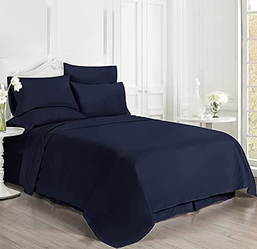 100% Organic Cotton Full-XL Bed Sheets & Pillowcases - Navy Blue, 12" Deep Pocket Fit, Luxury Soft 6-Piece Set