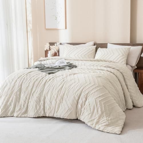 Andency Queen Beige Comforter Set Boho Cream Tufted Bedding 3 Pieces