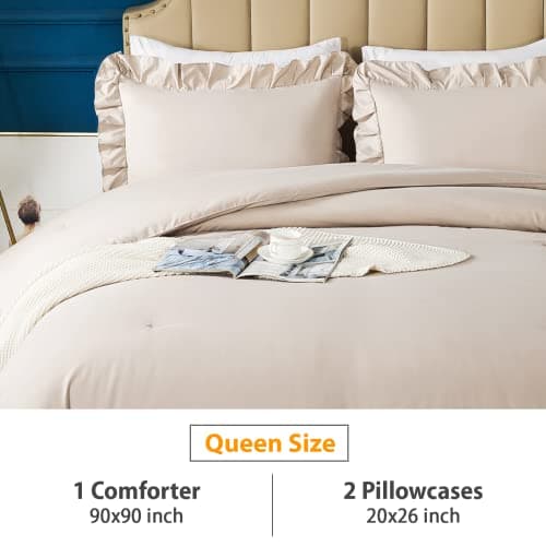 Andency Khaki Queen Comforter Set, 3 Pieces Shabby Chic Bedding