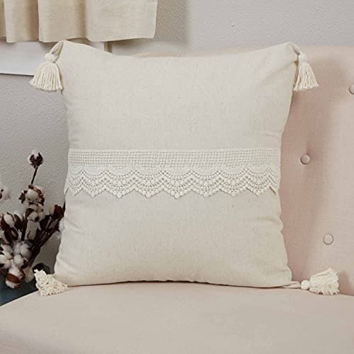 Vintage Farmhouse Flax and Lace Throw Pillow Cover, Natural Cream Tassels